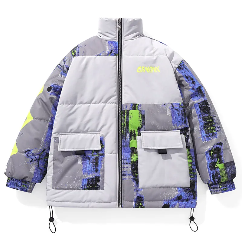Gray Blue Safari Style Color Block Patchwork Stand Collar Padded Coat