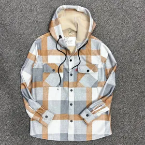 Grey Hoodie with Brown & White Checked Sherpa Bond Shacket