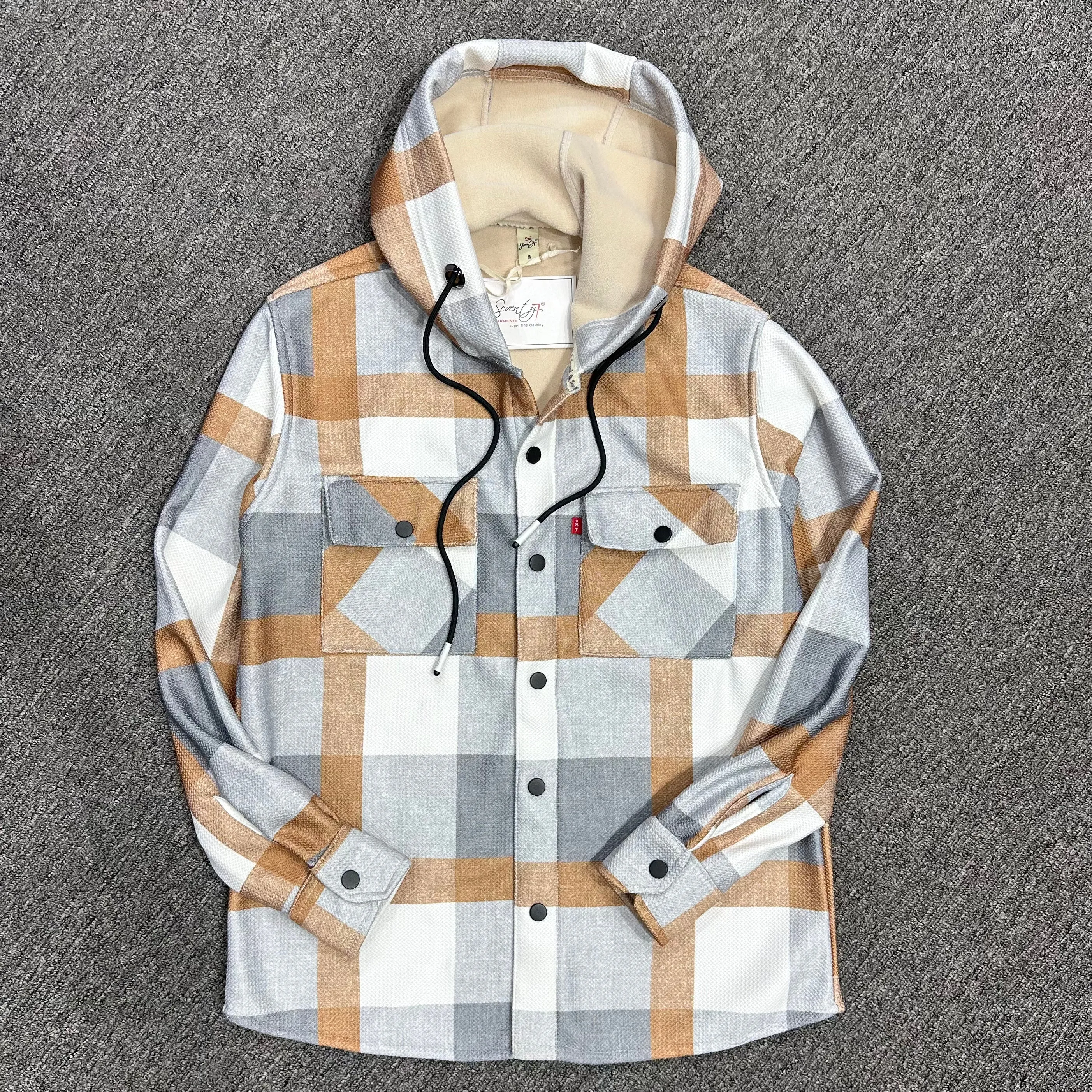 Grey Hoodie with Brown & White Checked Sherpa Bond Shacket