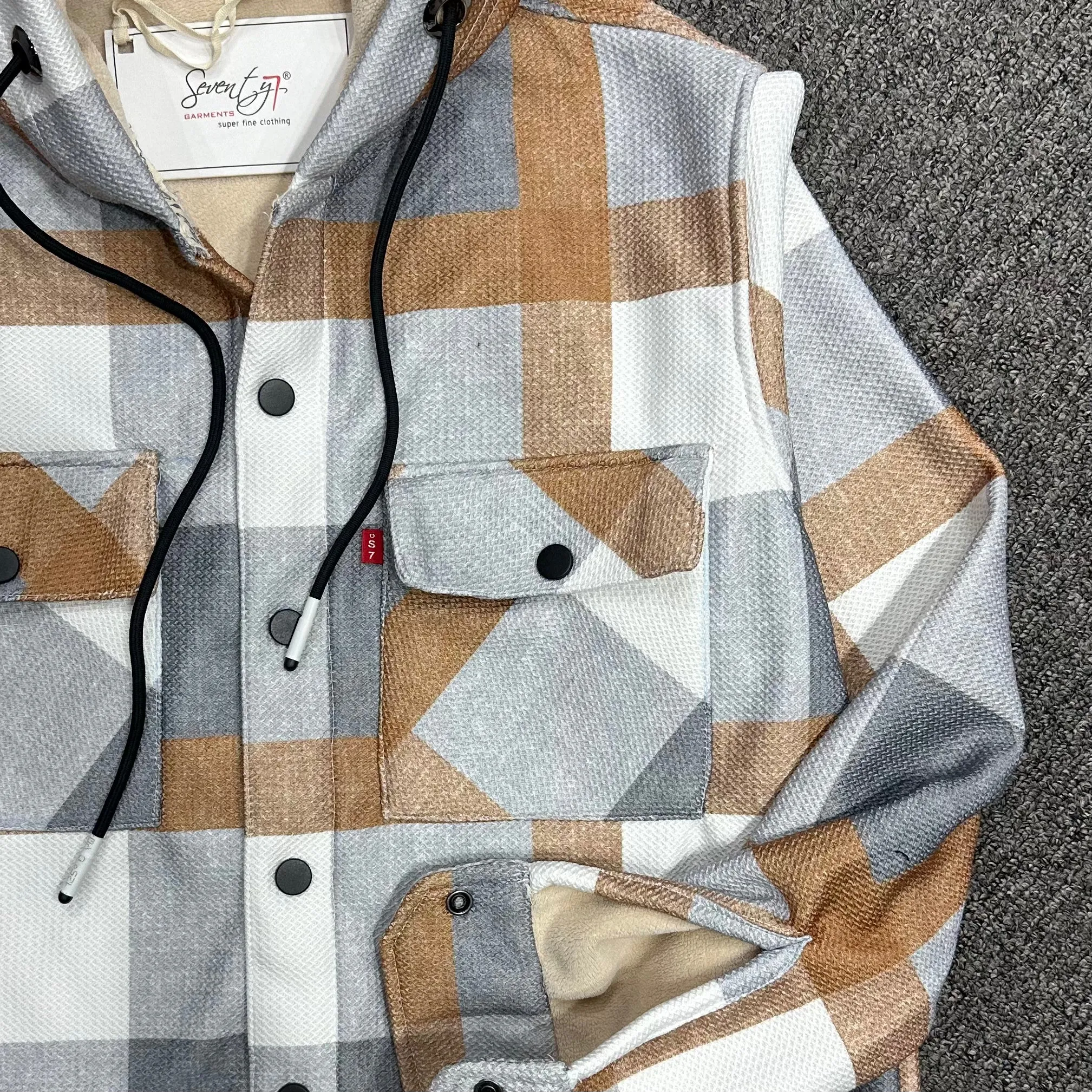 Grey Hoodie with Brown & White Checked Sherpa Bond Shacket
