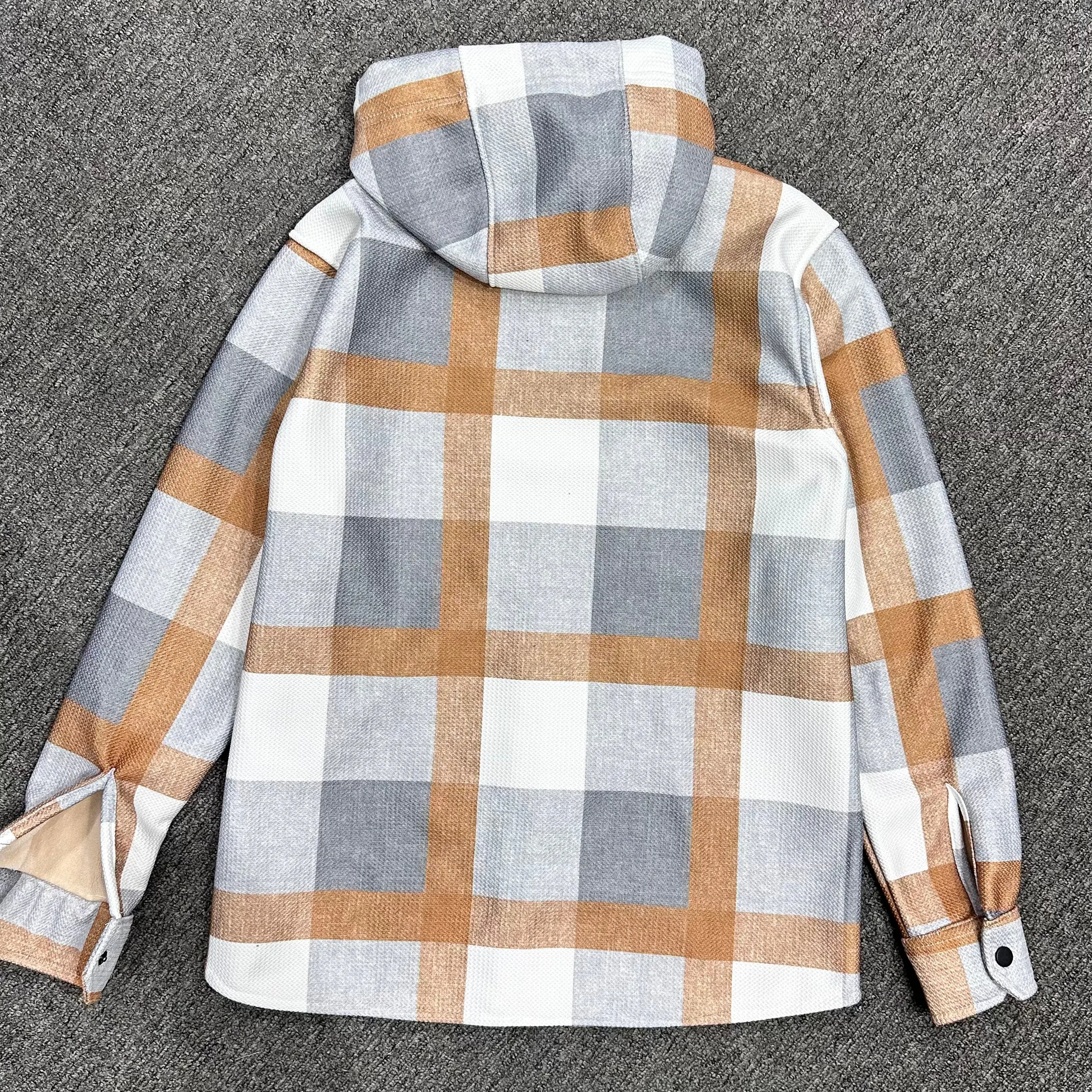 Grey Hoodie with Brown & White Checked Sherpa Bond Shacket