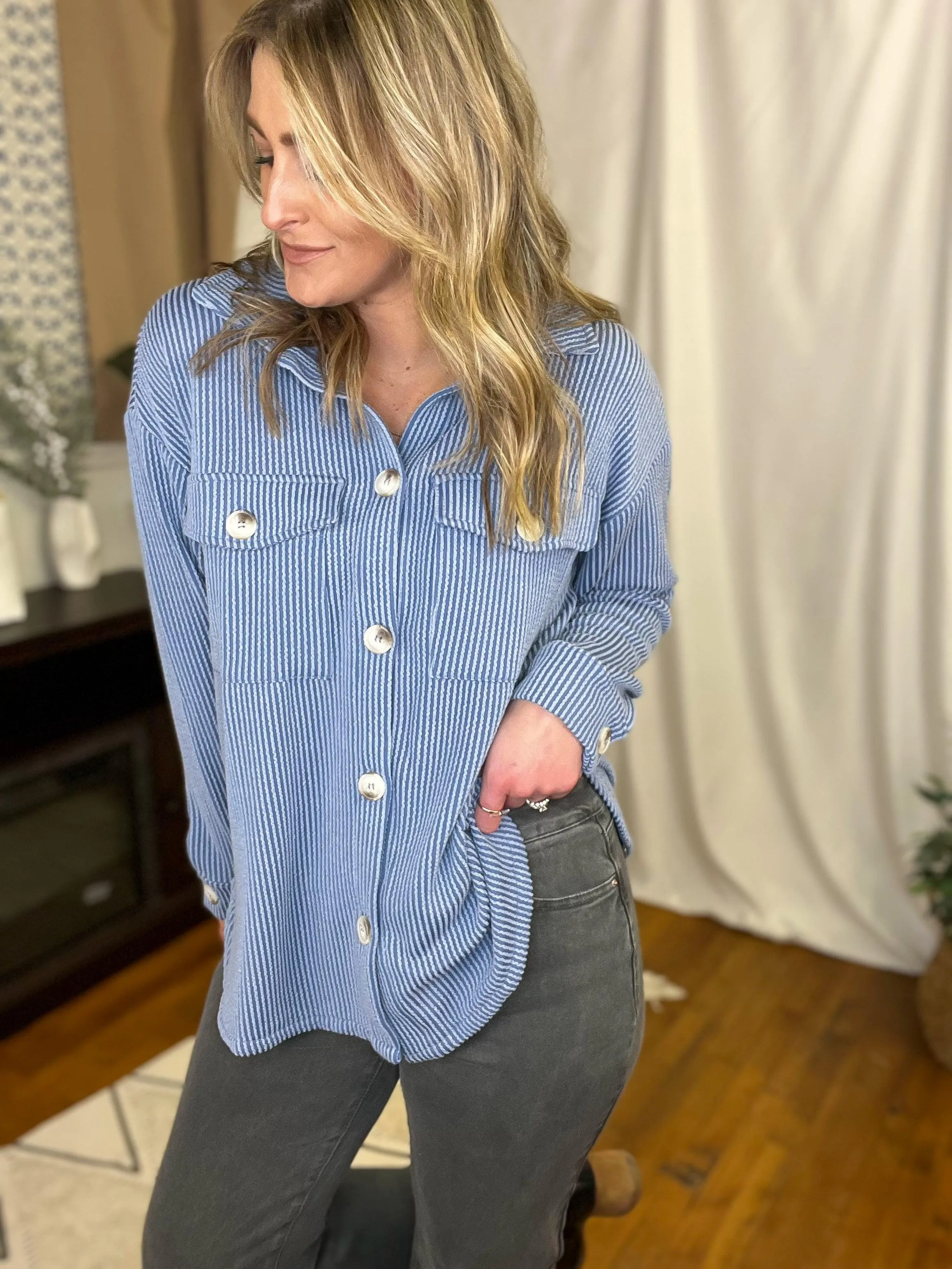 Jacquard Ribbed Patch Pocket Shacket