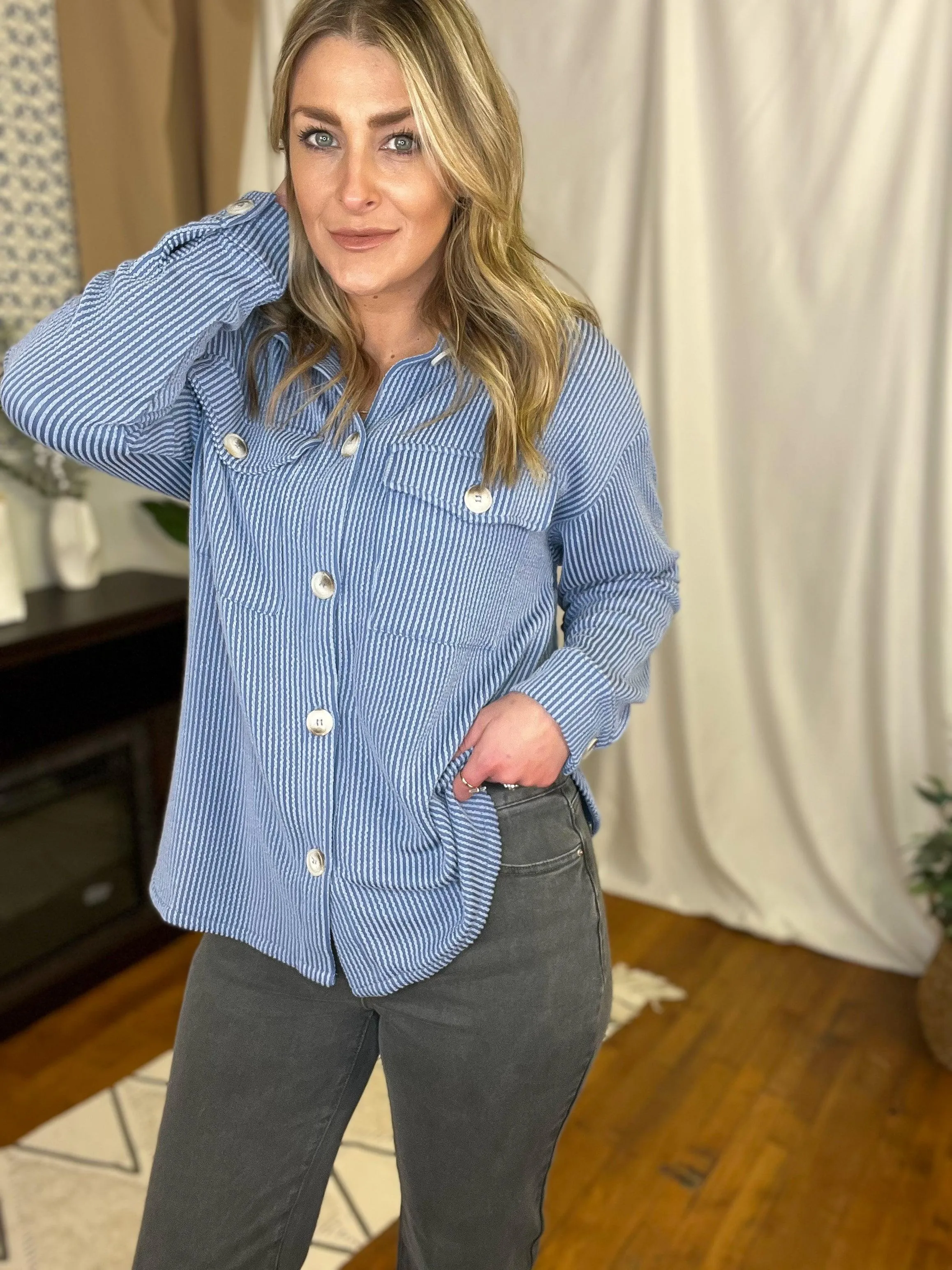 Jacquard Ribbed Patch Pocket Shacket