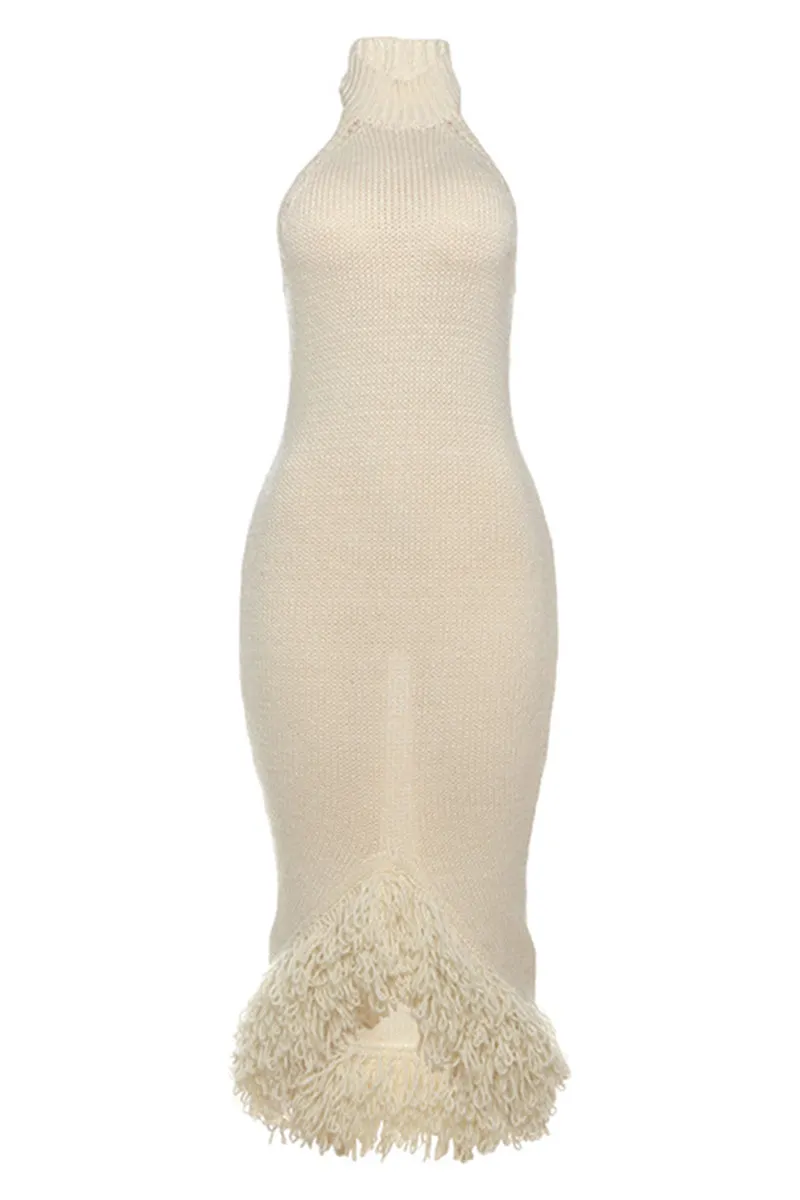 Knit Mock Neck Backless Tassel Bodycon Maxi Dress