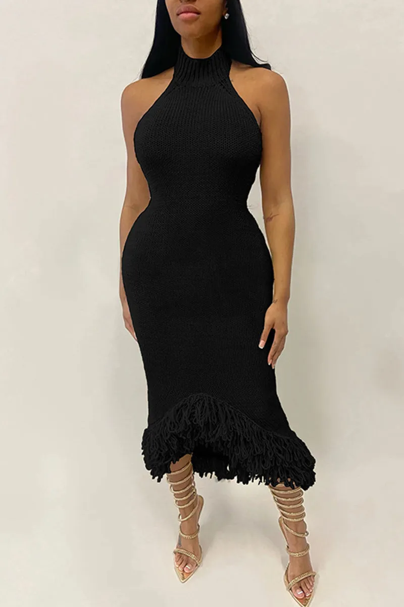 Knit Mock Neck Backless Tassel Bodycon Maxi Dress