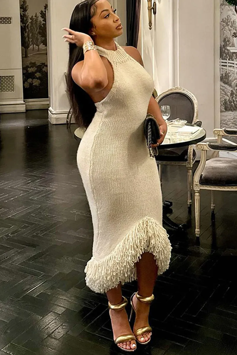 Knit Mock Neck Backless Tassel Bodycon Maxi Dress