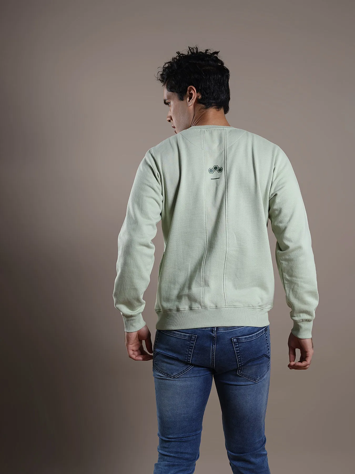 Knitted Light Green Printed Regular Fit Full Sleeve Casual Sweatshirt