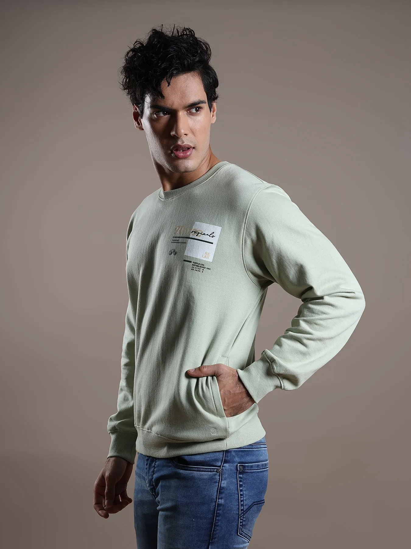 Knitted Light Green Printed Regular Fit Full Sleeve Casual Sweatshirt