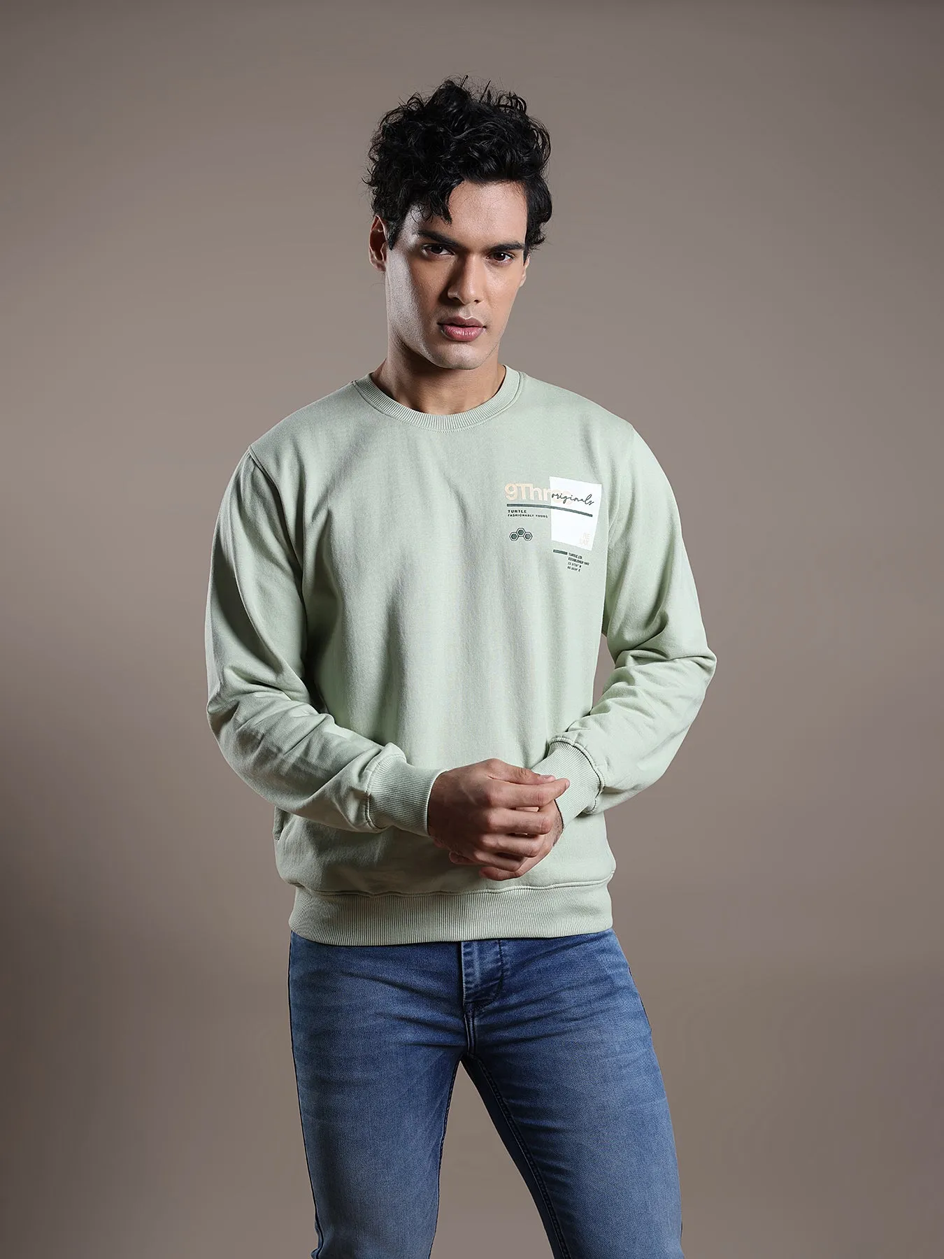 Knitted Light Green Printed Regular Fit Full Sleeve Casual Sweatshirt