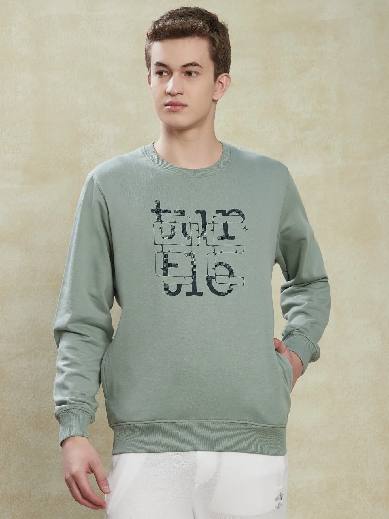 Knitted Olive Printed Regular Fit Full Sleeve Casual Sweatshirt
