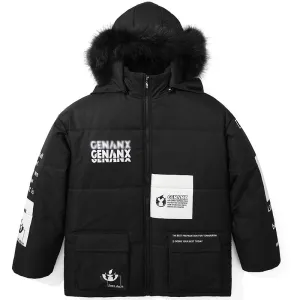 Letter Print Padded Coat With Patch Pocket
