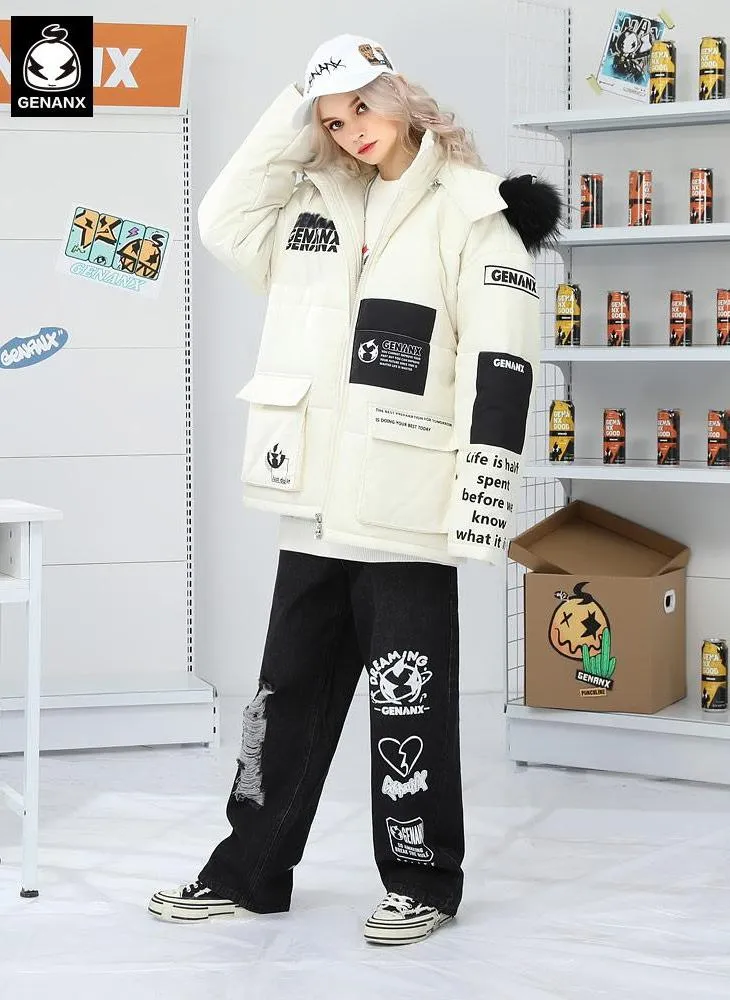 Letter Print Padded Coat With Patch Pocket