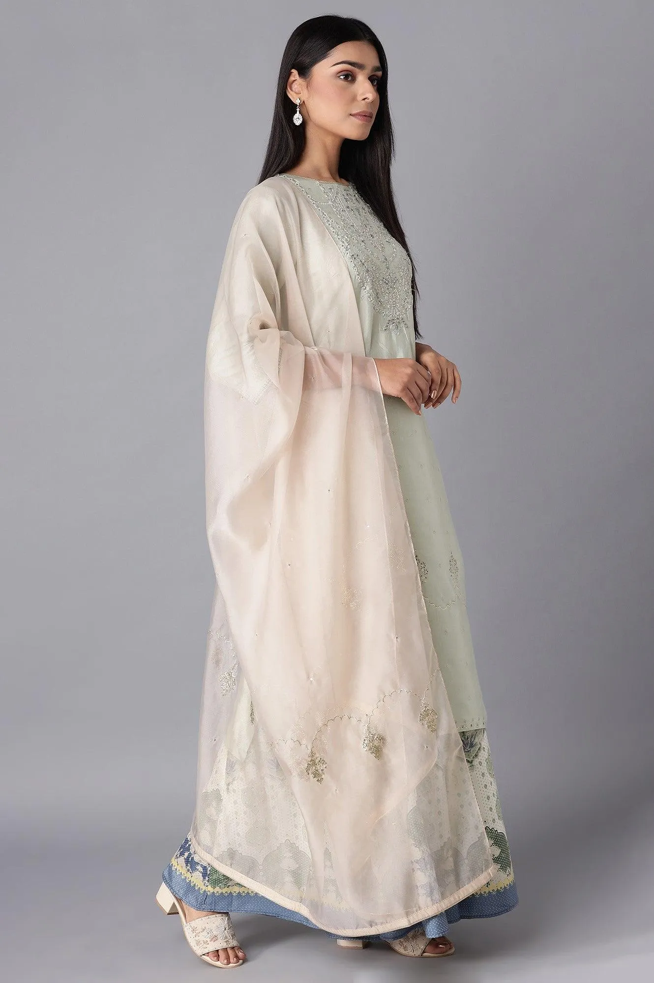 Light Green Embroidered kurta-Culottes-Organza Dupatta Set