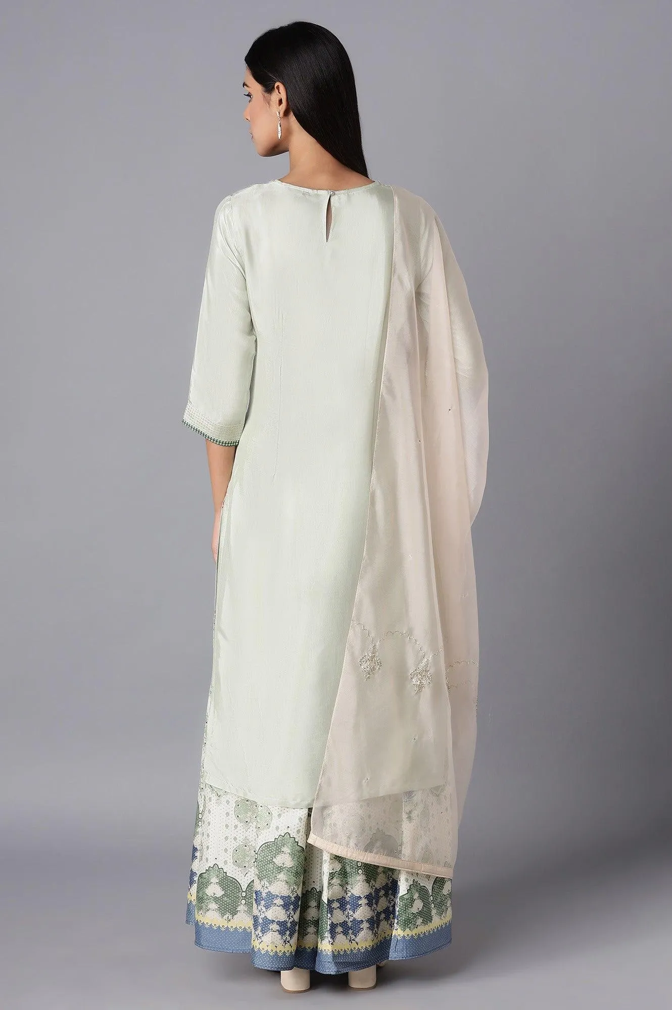 Light Green Embroidered kurta-Culottes-Organza Dupatta Set