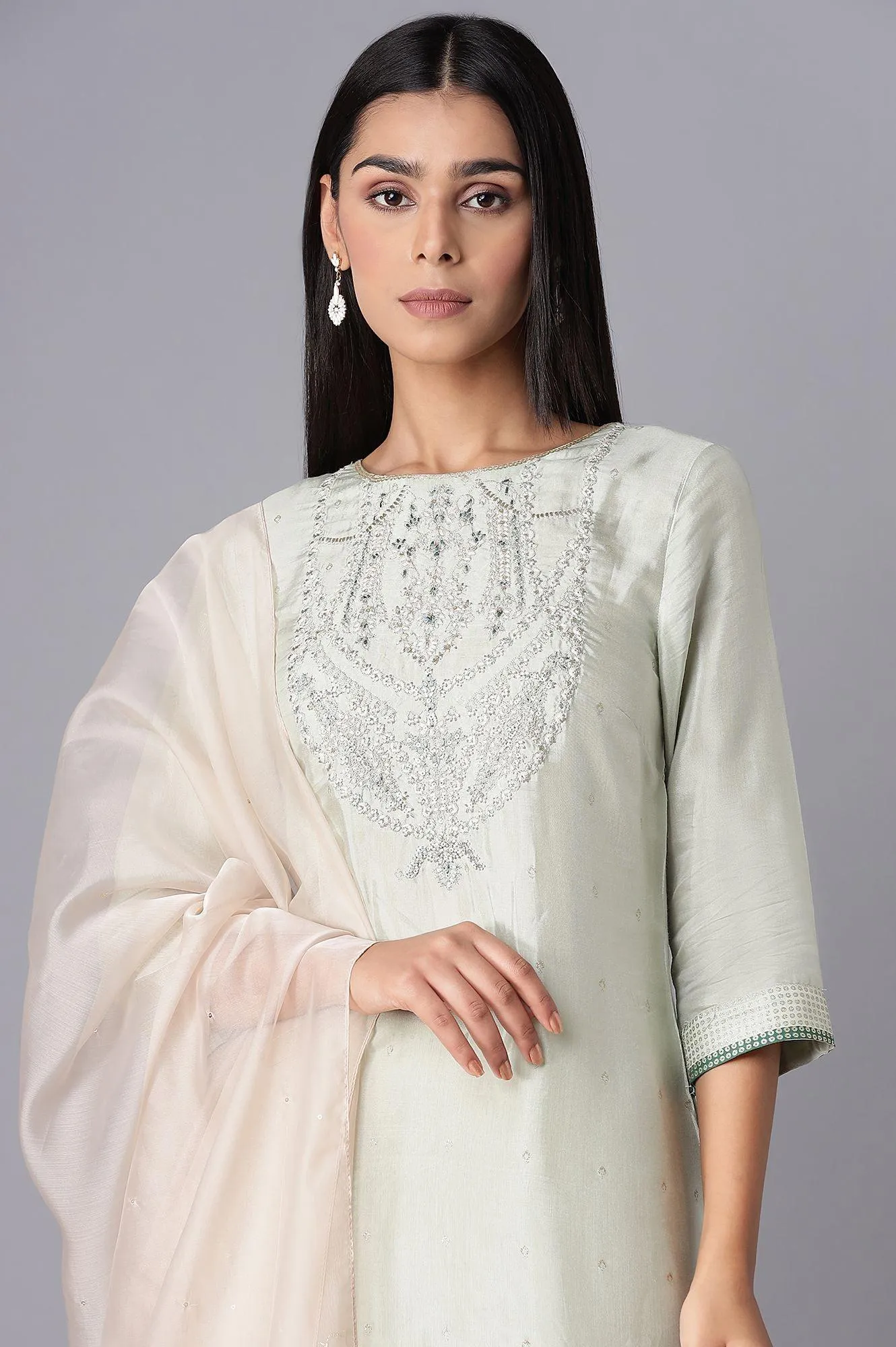 Light Green Embroidered kurta-Culottes-Organza Dupatta Set