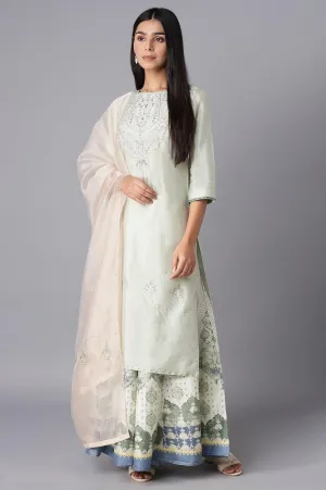 Light Green Embroidered kurta-Culottes-Organza Dupatta Set