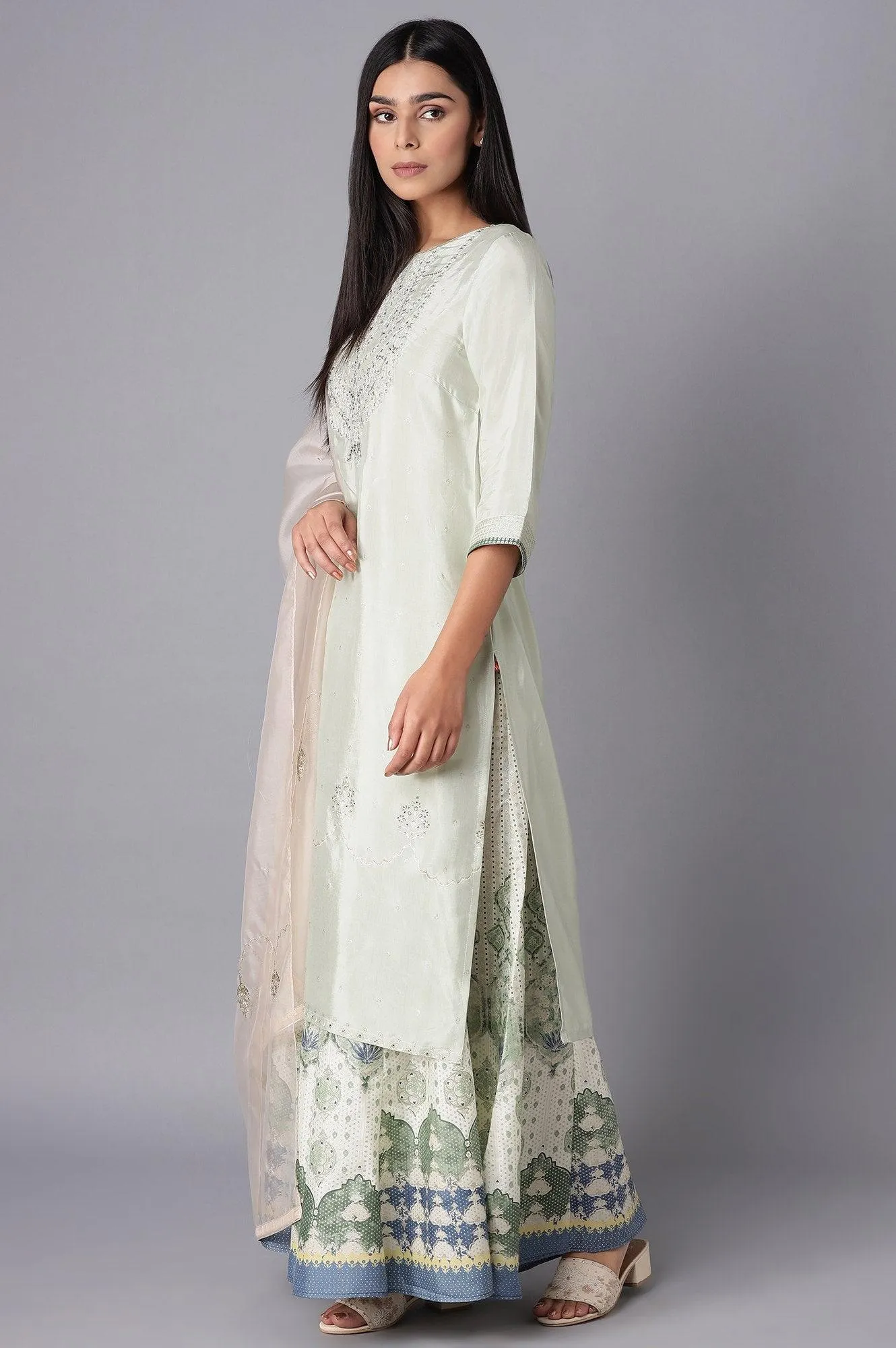 Light Green Embroidered kurta-Culottes-Organza Dupatta Set