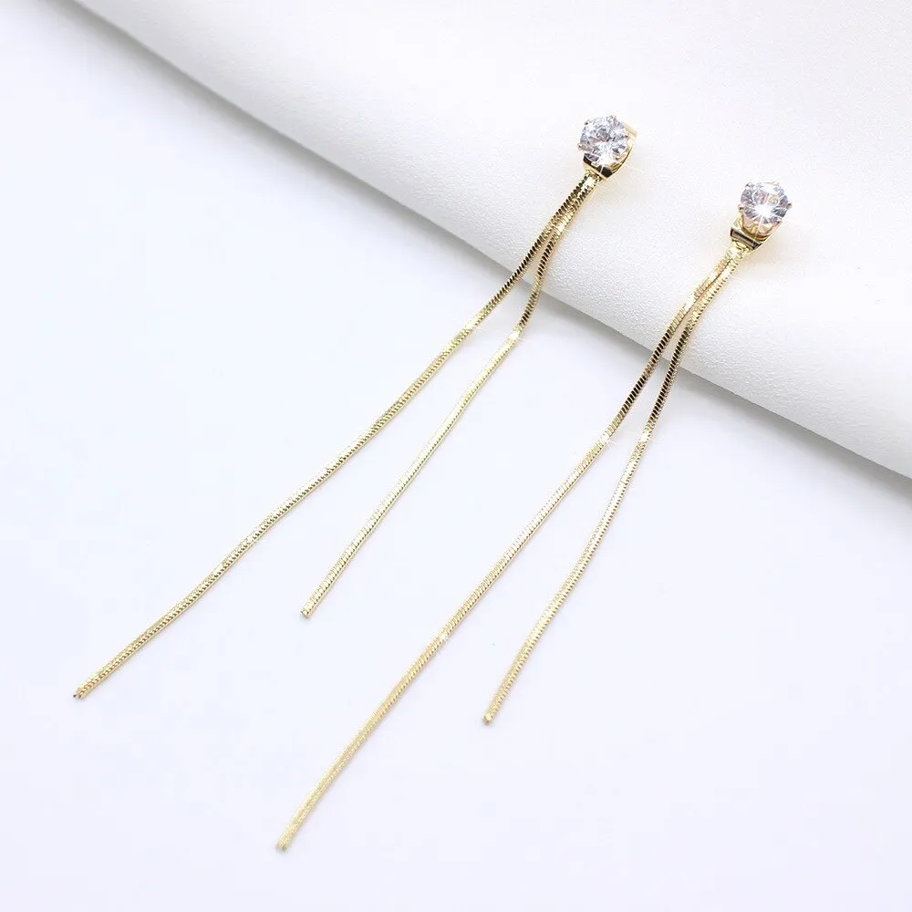 Long Crystal Tassel Gold Color Dangle Earrings for Women, Drop Earing Fashion Jewelry