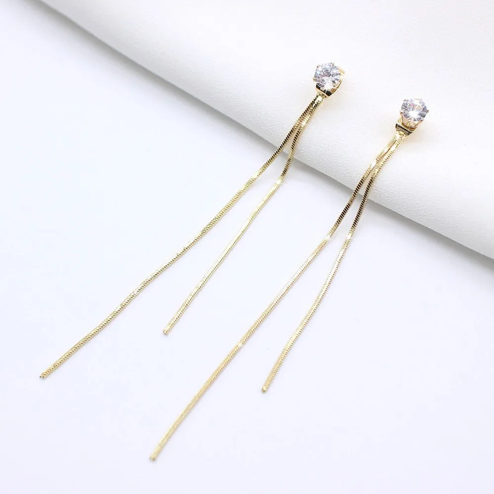 Long Crystal Tassel Gold Color Dangle Earrings for Women, Drop Earing Fashion Jewelry
