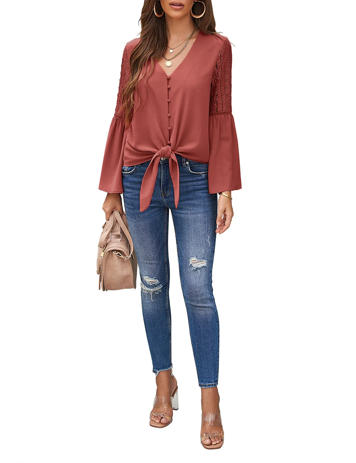 luvamia Women's Casual V Neck Blouse Lace Crochet Bell Long Sleeve Loose Shirt Tops