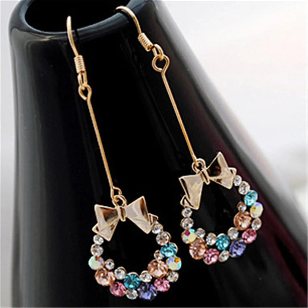 Luxury Gold Color Colorful Crystal Bow Stud Earrings For Women Ear Cuff Piercing Rhinestone Earring