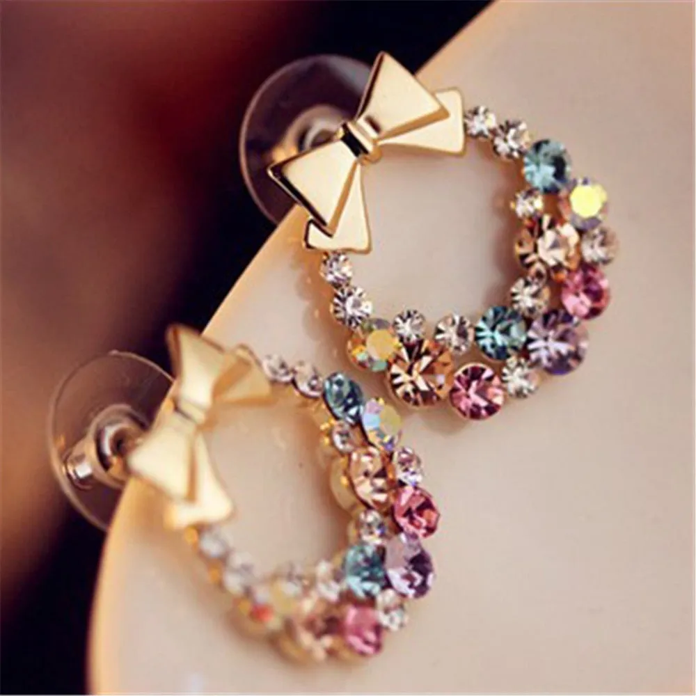 Luxury Gold Color Colorful Crystal Bow Stud Earrings For Women Ear Cuff Piercing Rhinestone Earring