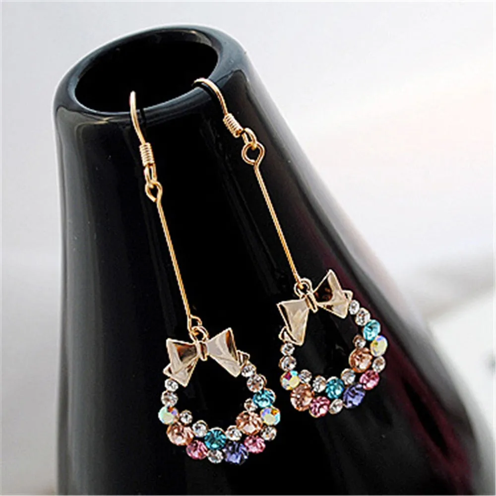 Luxury Gold Color Colorful Crystal Bow Stud Earrings For Women Ear Cuff Piercing Rhinestone Earring