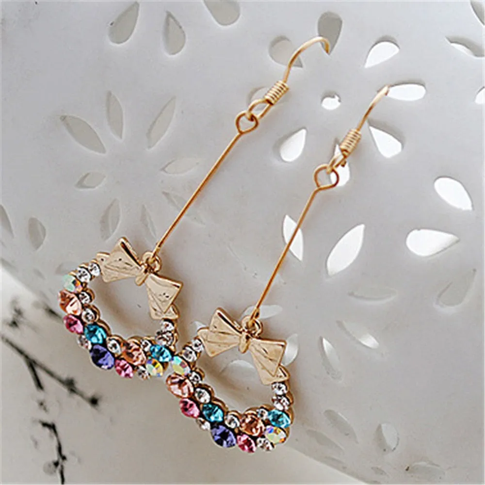 Luxury Gold Color Colorful Crystal Bow Stud Earrings For Women Ear Cuff Piercing Rhinestone Earring