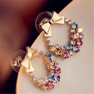 Luxury Gold Color Colorful Crystal Bow Stud Earrings For Women Ear Cuff Piercing Rhinestone Earring