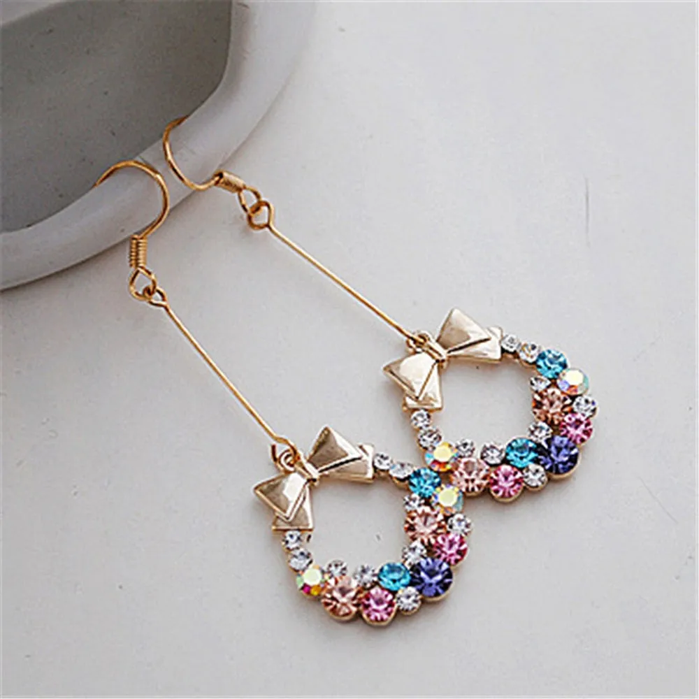 Luxury Gold Color Colorful Crystal Bow Stud Earrings For Women Ear Cuff Piercing Rhinestone Earring