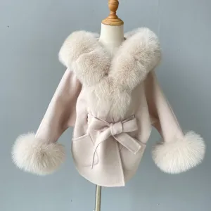 MI LOVES SIGNATURE Luxurious Anna cashmere kids coat with Fox fur trim and cuffs in Beautiful Cappuccino colour.