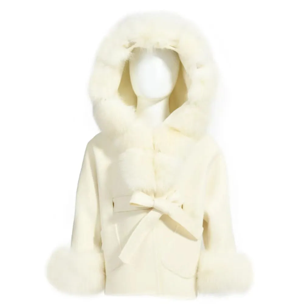 MI LOVES SIGNATURE Luxurious Anna cashmere kids coat with Fox fur trim and cuffs in Beautiful Ivory colour .