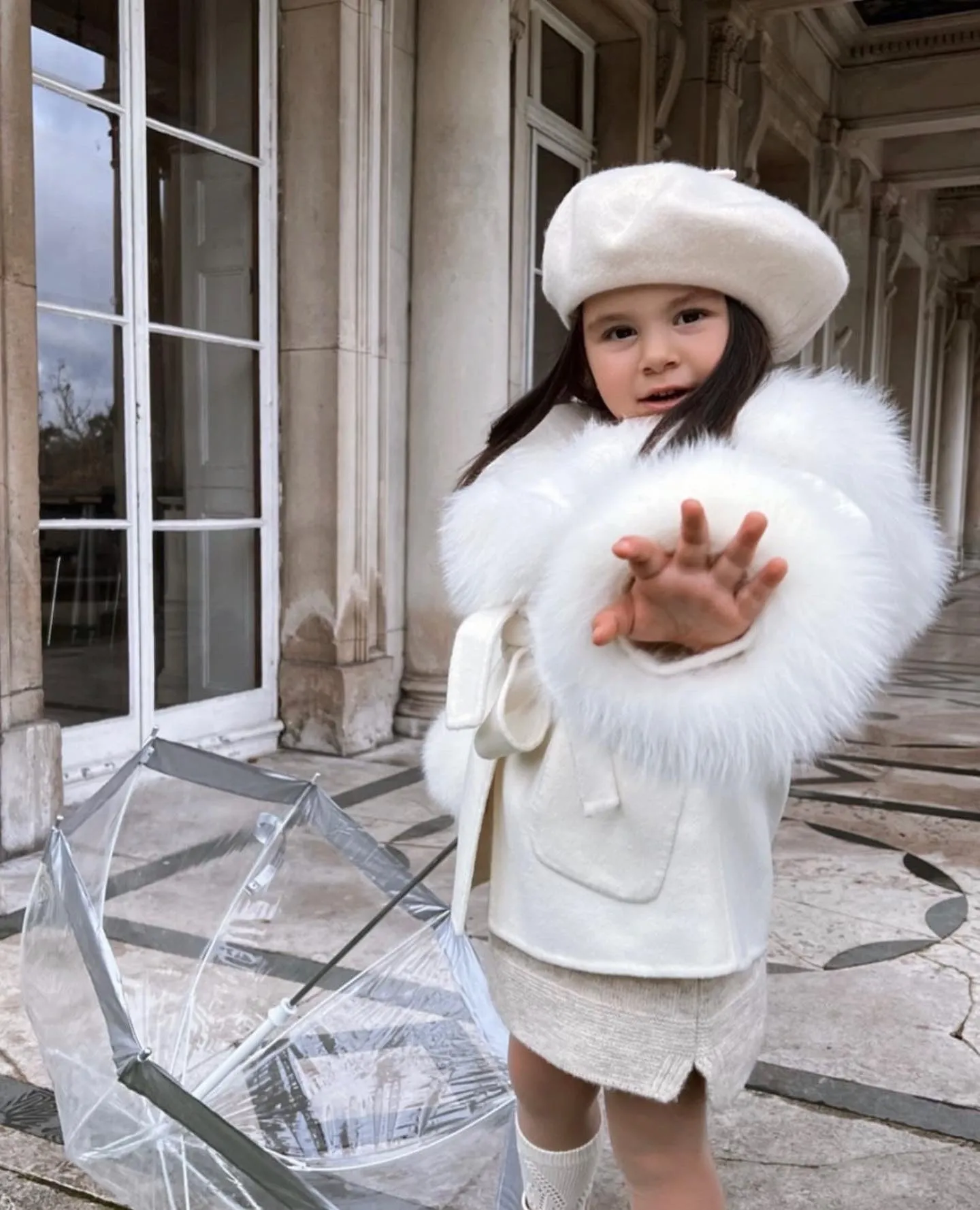 MI LOVES SIGNATURE Luxurious Anna cashmere kids coat with Fox fur trim and cuffs in Beautiful Ivory colour .