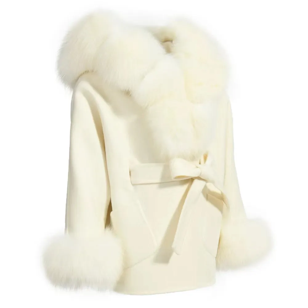 MI LOVES SIGNATURE Luxurious Anna cashmere kids coat with Fox fur trim and cuffs in Beautiful Ivory colour .