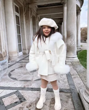 MI LOVES SIGNATURE Luxurious Anna cashmere kids coat with Fox fur trim and cuffs in Beautiful Ivory colour .