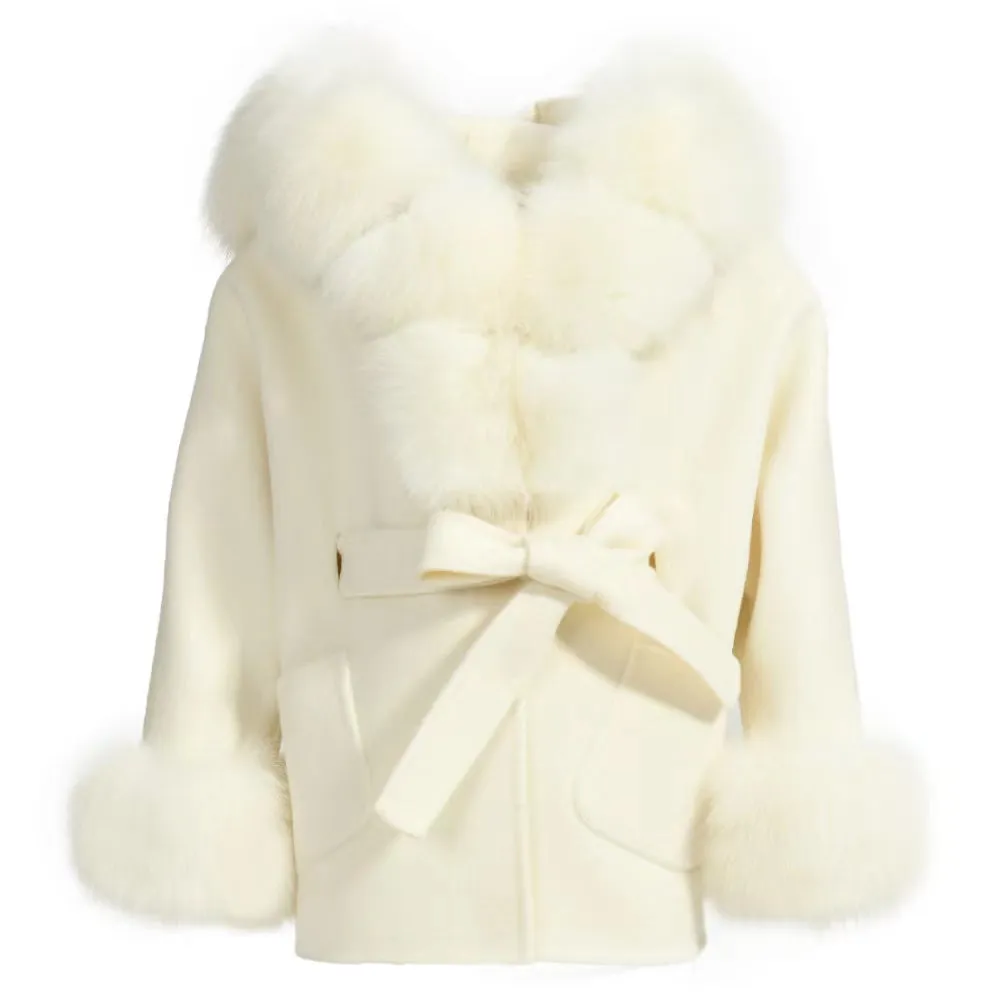 MI LOVES SIGNATURE Luxurious Anna cashmere kids coat with Fox fur trim and cuffs in Beautiful Ivory colour .