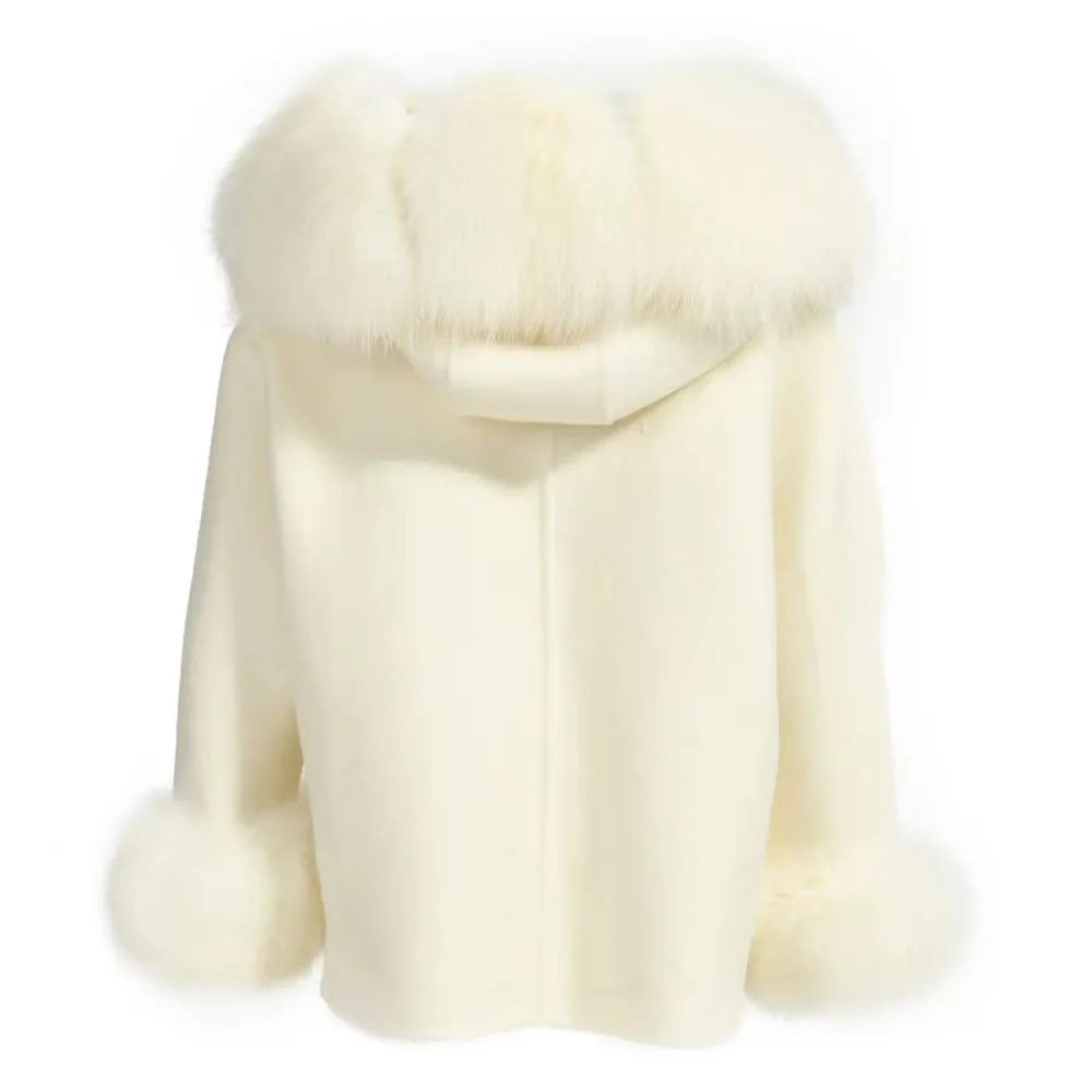 MI LOVES SIGNATURE Luxurious Anna cashmere kids coat with Fox fur trim and cuffs in Beautiful Ivory colour .