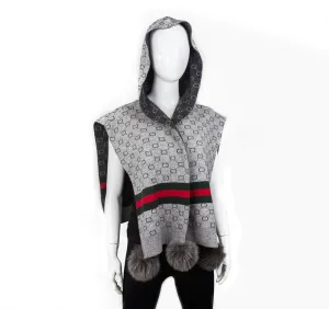 Mitchie's | Knitted Shawl with Hood and Fox Fur Poms | Women's