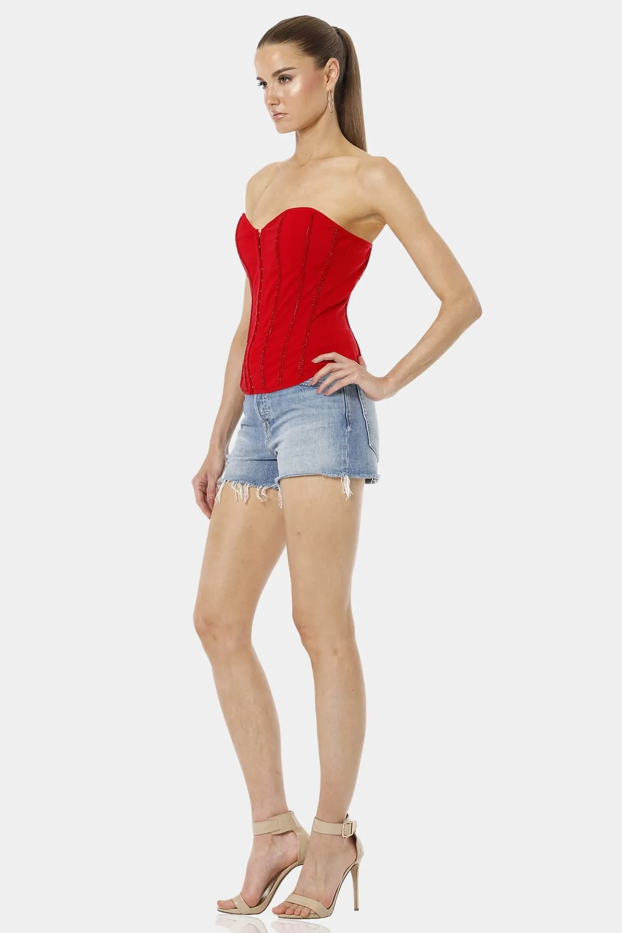 Nerva Red Silhouette Corset Sequin Top