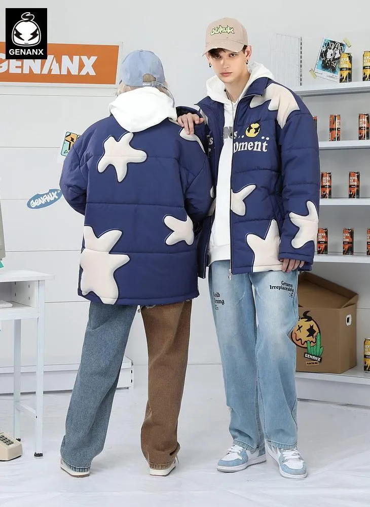 Pentagram Print Stand Collar Padded Coat