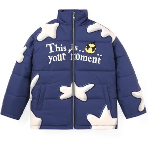 Pentagram Print Stand Collar Padded Coat