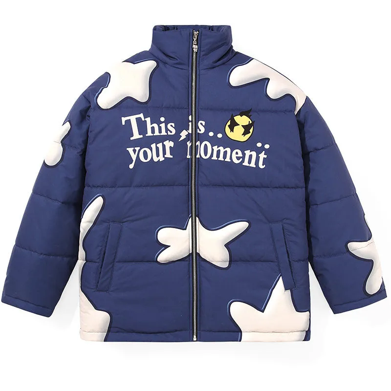 Pentagram Print Stand Collar Padded Coat