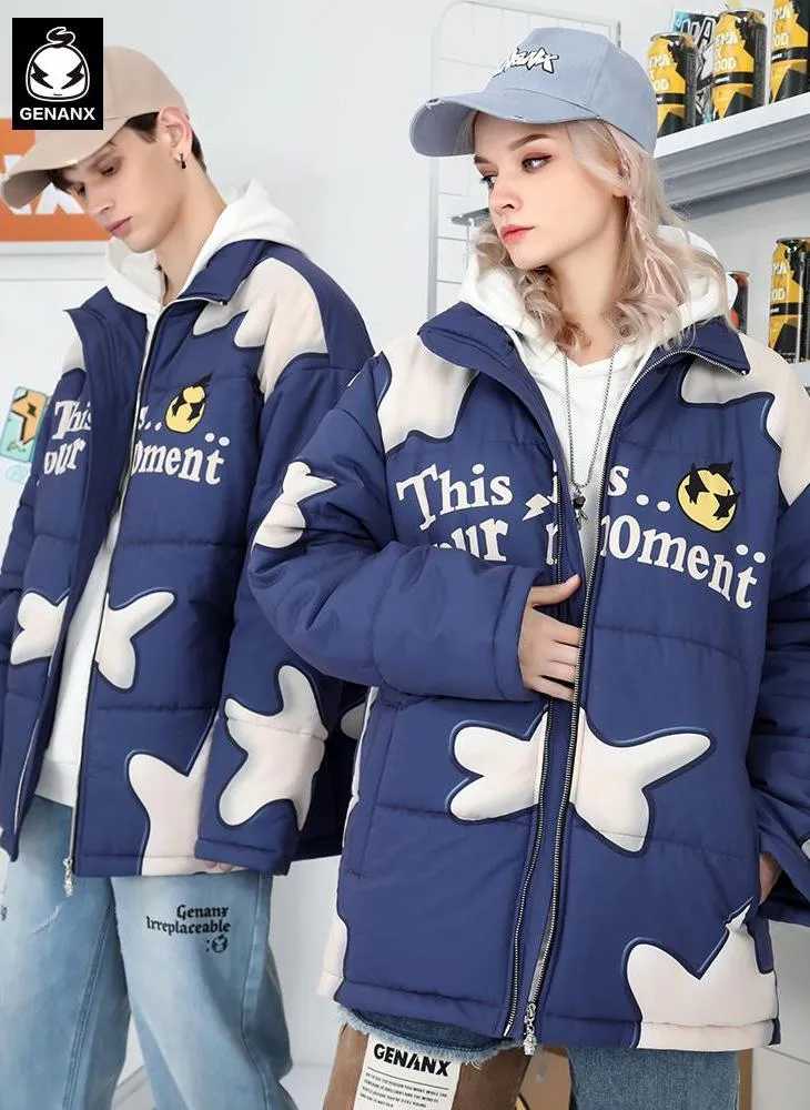 Pentagram Print Stand Collar Padded Coat