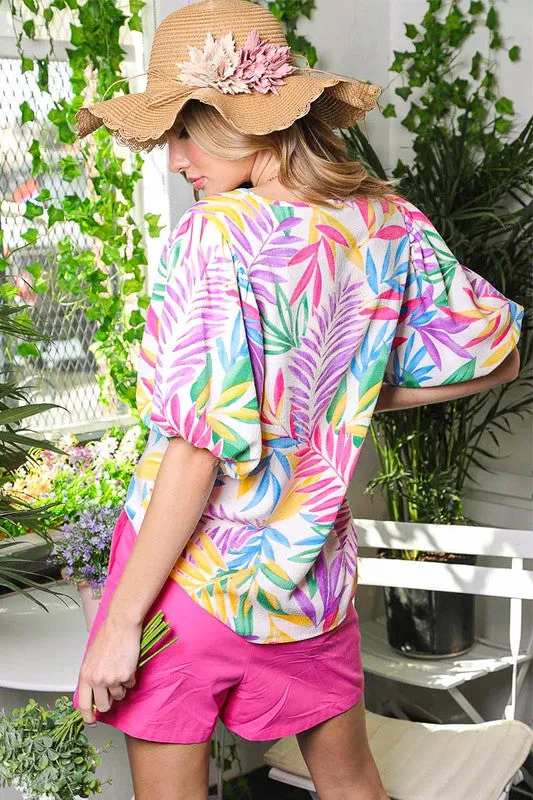 Pink Multi Tropical Print Seersucker Woven Top