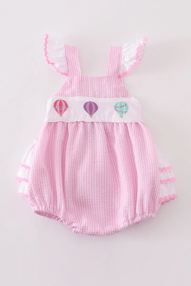 Pink seersucker hot air balloon embroidery girl bubble