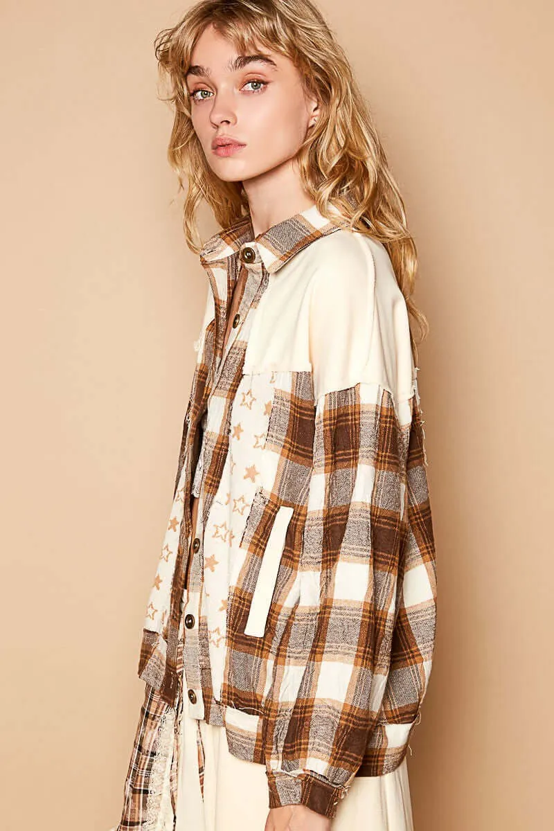 Plaid & Star Patchwork Contrast Shacket