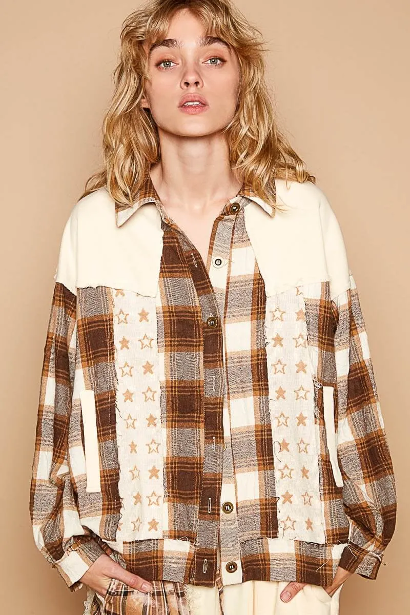 Plaid & Star Patchwork Contrast Shacket