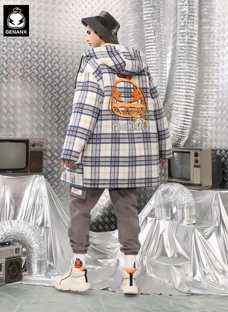 Plaid Print Front Zipper Hooded Padded Coat