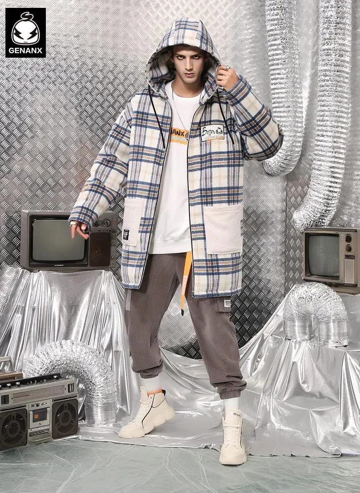 Plaid Print Front Zipper Hooded Padded Coat