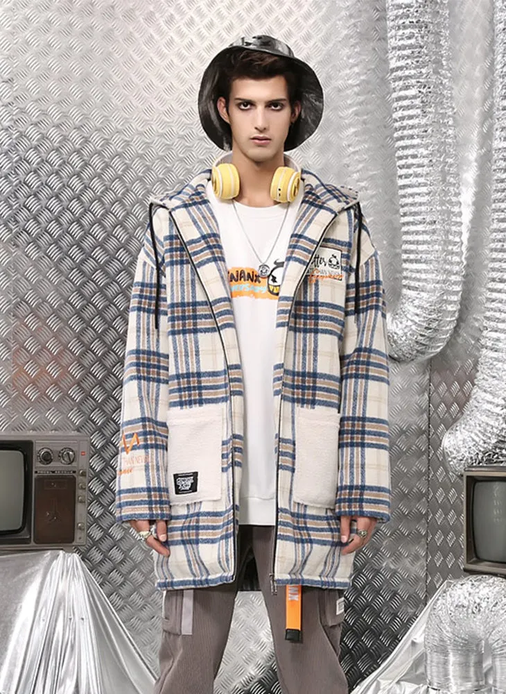 Plaid Print Front Zipper Hooded Padded Coat